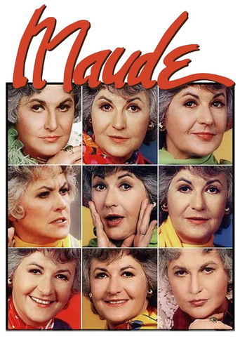 The poster features a grid of nine women's faces, each with distinct expressions ranging from playful to serious. The background is a vibrant mix of warm colors like red, yellow, and blue, creating a lively and inviting atmosphere. The title "Maude" is prominently displayed at the top in bold red...