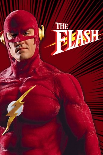 The poster features a muscular, red-clad superhero with a determined expression, holding a lightning bolt. The bold, stylized title "THE FLASH" dominates the upper right, set against a dynamic red background with radiating lines. The overall mood is energetic and heroic, capturing the essence of ...