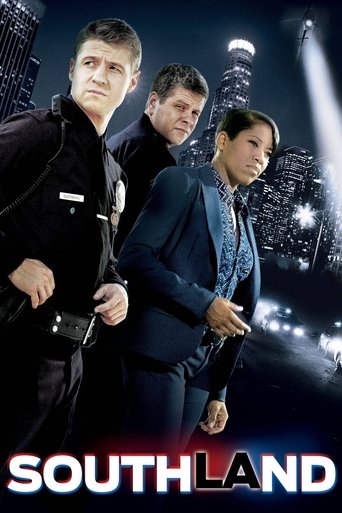 The poster features three men in dark suits against a cityscape at night, with one man holding a gun and another holding a microphone. The city lights create a dramatic atmosphere, while the bold "SOUTHLAND" text anchors the image.