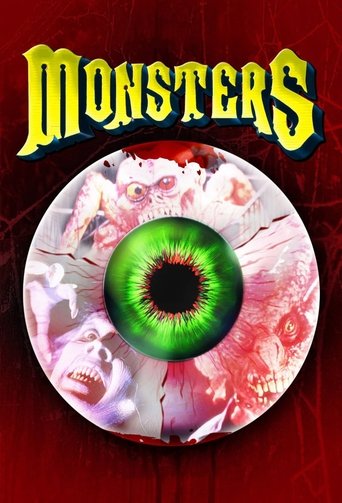 The poster features a grotesque, zombie-like figure with a green eye and blood-stained skin, set against a dark red background. The title "MONSTERS" is written in a jagged, yellow font with a spooky edge. The eerie mood is conveyed through the unsettling imagery and vivid colors.