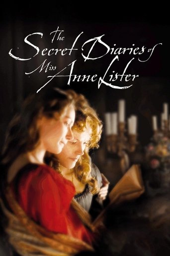 The poster features a close-up of Anne Lister in a red dress, her face illuminated by candlelight against a dark, mysterious background. The title is elegantly written in white script, and the overall mood evokes mystery and historical intrigue.