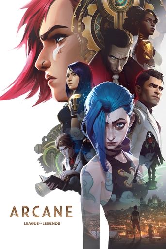 This poster features a dynamic scene with vibrant red hair and blue hair, surrounded by characters in futuristic armor and mechanical elements. The mood is intense and adventurous, capturing the essence of the show's action-packed narrative.