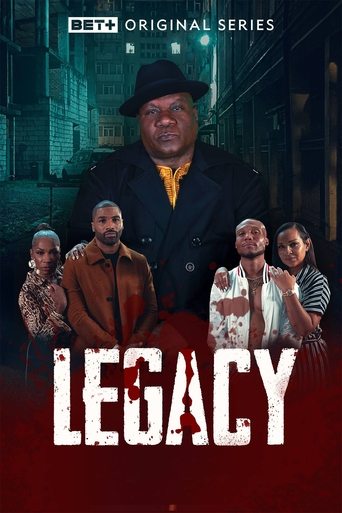 The poster features a dark, moody street scene with a man in a hat and yellow shirt at the center. Surrounding him are four other characters in period clothing, suggesting a historical drama. The title "LEGACY" is prominently displayed in bold, blood-red letters, evoking themes of loss and histor...