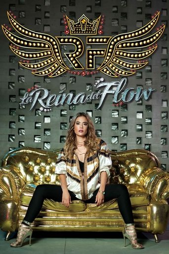 The Queen of Flow poster features a glamorous woman in a striking black and white outfit, exuding confidence and elegance. She sits atop a luxurious gold throne, surrounded by ornate wings and the show's title, "The Queen of Flow," in elegant script. The overall composition exudes a royal and the...