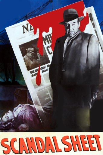 The poster features a man in a fedora and trench coat against a dramatic red background, with a smaller image of a man in a suit below. The title "SCANDAL SHEET" is prominently displayed in bold red letters at the bottom. The overall mood is mysterious and suspenseful, with a sense of intrigue an...