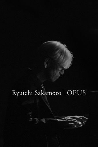 The poster features a silhouette of Ryuichi Sakamoto against a dark background, with his name and the label "OPUS" subtly integrated into the composition. The mood is mysterious and contemplative, evoking a sense of introspection and artistic depth.