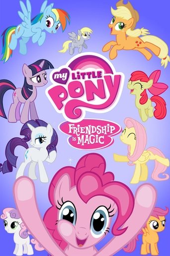 The poster features beloved My Little Pony characters in vibrant, playful poses against a bright blue background. Pinkie Pie, the central figure with her signature pink mane, dominates the foreground with a cheerful expression. Surrounding her are other iconic ponies like Rainbow Dash, Twilight S...