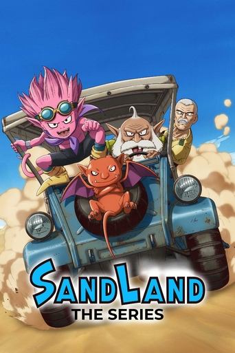 A vibrant cartoon depicts three characters in a desert jeep, with pink-haired characters and a bearded man leading the way. The scene exudes adventure and humor, set against a bright blue sky and golden sand. The title "SANDLAND THE SERIES" is prominently displayed in bold, playful lettering, cap...