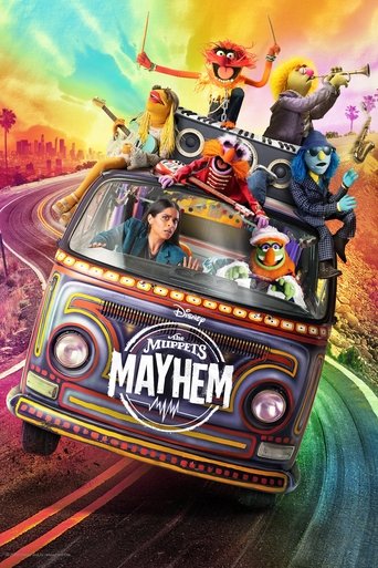 The vibrant poster features a group of colorful Muppets riding in a classic car, set against a dynamic sunset sky. The playful and energetic mood is captured through the bright colors and lively expressions of the characters.