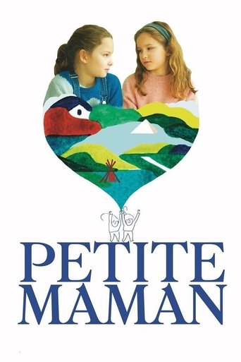 The poster features two children forming a heart shape with colorful elements like a red bird, green hills, and a blue sky. The title "PETITE MAMAN" is prominently displayed in bold blue letters at the bottom. The overall mood is warm and nostalgic, evoking a sense of childhood love and family.