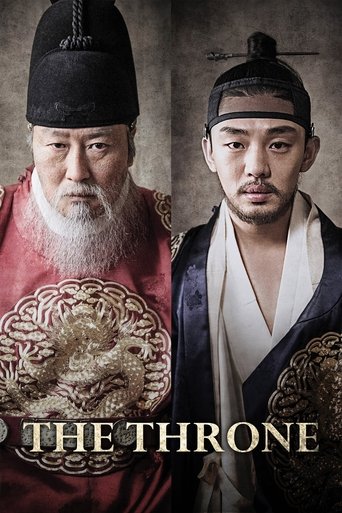 The poster features two men in traditional Korean attire, one with a white beard and the other with a mustache, exuding authority. The warm tones of their robes and the golden emblem on the man with the beard create an opulent and regal atmosphere. The title "THE THRONE" is prominently displayed ...