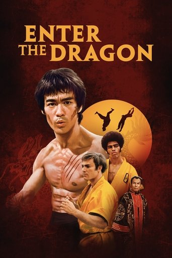 This movie poster features a muscular martial artist in a dynamic pose, surrounded by other characters in traditional Chinese attire. The warm red and orange hues create an intense and dramatic atmosphere, suggesting a high-stakes fight scene. The bold title "Enter the Dragon" hints at a thrillin...