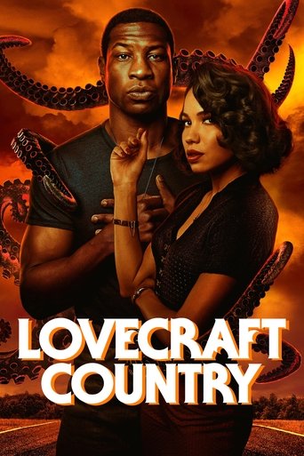 The poster features a muscular man and a woman in a dark, moody setting with ominous, swirling flames in the background. The title "LOVECRAFT COUNTRY" is prominently displayed in bold, white letters at the bottom. The overall mood is intense and mysterious, suggesting a supernatural or horror theme.