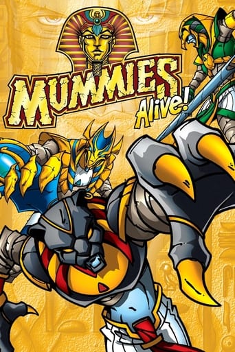 The poster features a dynamic scene with a mummy-like figure in the foreground, surrounded by other ancient-looking characters. The background is filled with golden hues, creating a mystical and adventurous atmosphere. The title "Mummies Alive!" is prominently displayed in bold, stylized lettering.