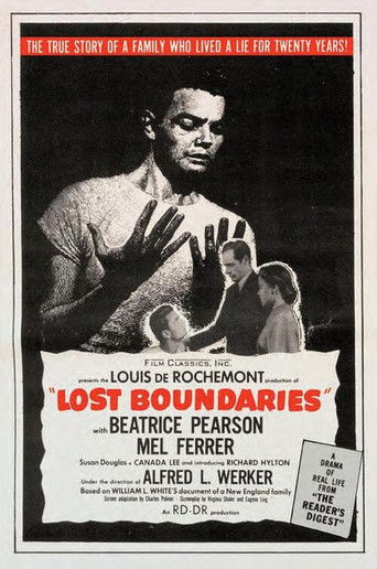 The poster features a muscular man in a black-and-white image against a dark background, evoking a gritty, noir atmosphere. The title "Lost Boundaries" is prominently displayed in bold red letters, with the tagline "The story of a family who lived a life like the twenty years before" above it. Th...