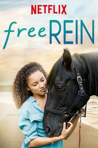 A young girl in a blue shirt gently holds a black horse's head, creating a warm, serene mood against a soft, golden sunset backdrop. The Netflix logo and show title "Free Rein" are prominently displayed at the top.
