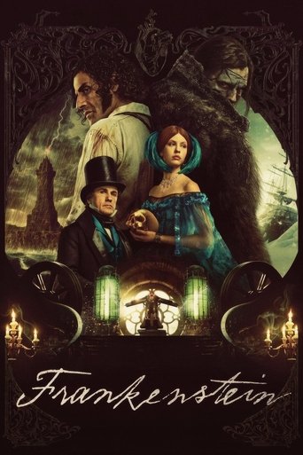 This dark, moody poster features a dramatic ensemble cast in Victorian-era attire against a stormy, eerie backdrop. The woman in the teal dress holds a skull, while the man in the top hat looks serious. The title "Frankenstein" is elegantly scripted at the bottom, surrounded by candlelight and or...