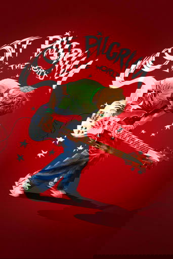 Scott Pilgrim, a rebellious teenager, stands defiantly against a red backdrop while playing an electric guitar. His dynamic pose and intense expression convey a sense of defiance and energy, capturing the essence of his iconic role as a tough but charismatic rock star.