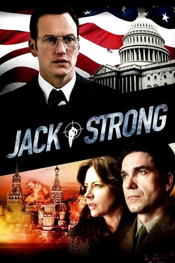 The poster features Jack Strong in a sharp suit against a backdrop of the U.S. Capitol and American flag. Below him, the title "Jack Strong" is prominently displayed in bold, metallic lettering. The lower section shows a dramatic scene with a woman and a man looking determined, suggesting a serio...