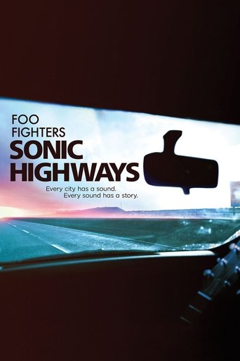 The poster features a dark silhouette of a guitar against a blurred cityscape, evoking a moody, cinematic atmosphere. The title "Foo Fighters Sonic Highways" is prominently displayed in bold, white text, suggesting an epic journey through urban landscapes. The overall design conveys a sense of ad...