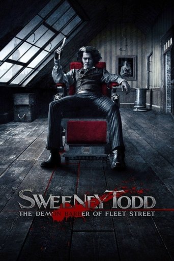 The poster features a menacing figure in a black leather chair, holding a knife, set against a dimly lit Fleet Street street. The dark, moody atmosphere with red accents and the ominous title create a chilling, suspenseful mood.