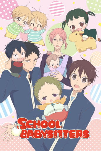 The poster features a group of anime-style characters in a cheerful, pastel-colored setting. The characters are dressed in blue uniforms, suggesting a school setting. The mood is playful and inviting, with soft pink and blue tones enhancing the friendly atmosphere.