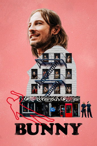 The poster features a man with long hair against a vibrant pink background, surrounded by a collage of miniature buildings and figures. The title "BUNNY" is prominently displayed in bold black letters at the bottom, evoking a sense of whimsical yet mysterious storytelling.