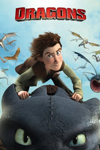 A young boy with brown hair and green eyes rides a large, dark blue dragon named Toothless. The background features flying dragons in various colors against a blue sky. The mood is adventurous and playful.