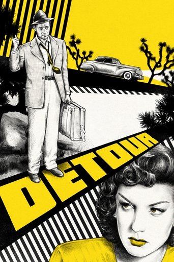 This vibrant movie poster for "Detour" features a classic black-and-white illustration of a man in a suit, holding a briefcase against a bold yellow background. The composition blends vintage Americana with modern graphic design, evoking a nostalgic yet adventurous mood. The striking yellow and b...