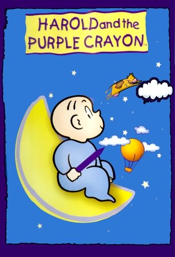 A cartoon boy in blue sits on a yellow crescent moon against a starry blue night sky, holding a purple crayon. He gazes upward toward a flying purple crayon and a fluffy white cloud. The whimsical scene captures a magical nighttime wonderland with vibrant colors and playful mood.