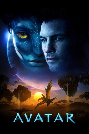 The poster features a split face: one blue alien with a glowing yellow eye and another human with a serious expression. Below, a vibrant sunset sky with floating trees and a pterodactyl adds depth. The cool blues and warm oranges create a mystical atmosphere, evoking wonder and adventure.