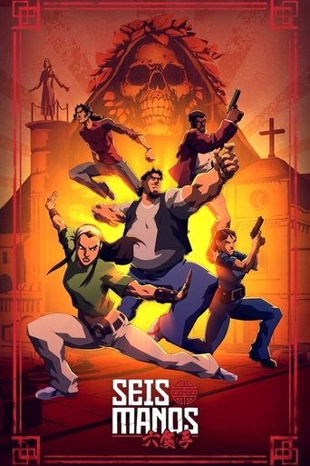 The poster features six armed men in dynamic poses against a fiery orange and red background. A skull looms in the center, symbolizing danger and mystery. The title "SEIS MANOS" is prominently displayed at the bottom, emphasizing the theme of multiple attackers. The overall mood is intense and ac...