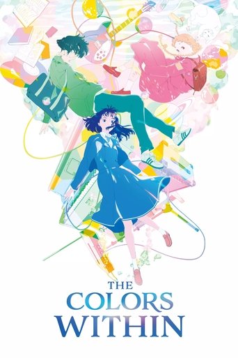 The poster features a vibrant, chaotic scene with colorful figures floating amidst splashes of paint and abstract shapes. The blue figure in the center stands out against the colorful background, evoking a sense of wonder and artistic freedom. The title "The Colors Within" is prominently displaye...