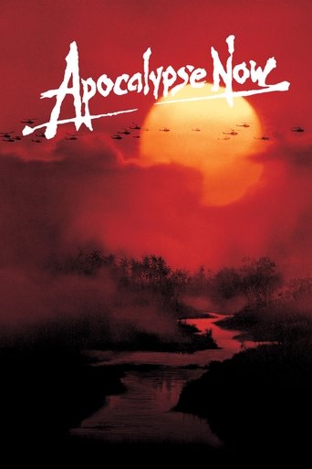 The poster features a dramatic sunset with a fiery orange sky, evoking the film's intense and gritty atmosphere. Silhouetted figures of soldiers stand in the foreground, adding to the sense of conflict and tension. The title "Apocalypse Now" is prominently displayed in bold, white letters, emphas...