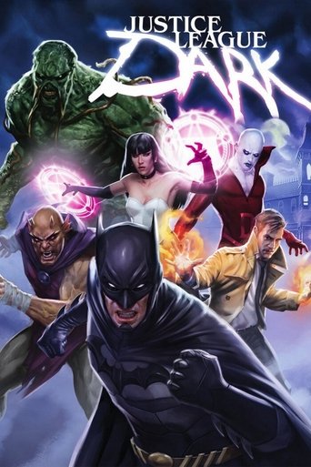The poster features a dynamic lineup of Justice League heroes in action poses against a dark, stormy backdrop. Batman stands prominently in the foreground, while other characters like Superman, Green Goblin, and others are visible in the background. The scene is filled with vibrant colors—reds, b...