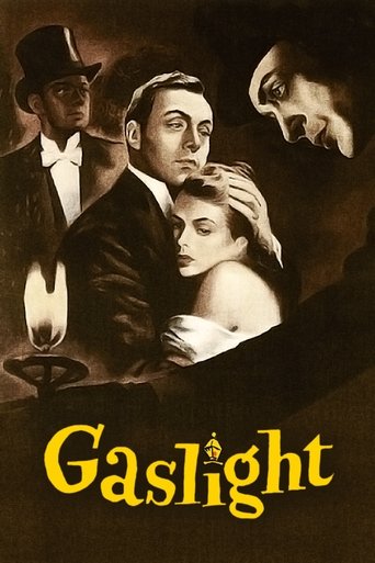 The poster features a dramatic scene with a man in a tuxedo, a woman in a white dress, and two men in formal attire, all set against a dark, moody background. The warm yellow text "Gaslight" stands out against the shadowy figures, evoking a sense of suspense and mystery.