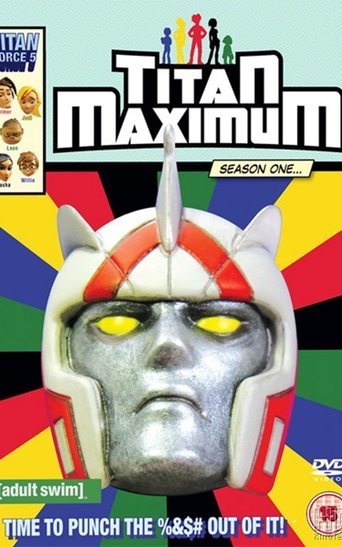 The poster features a metallic, helmeted figure with glowing yellow eyes against a vibrant, multicolored background. The title "Titan Maximum" is prominently displayed in bold, white letters at the top. The overall design conveys a sense of action and adventure, with the colorful backdrop suggest...