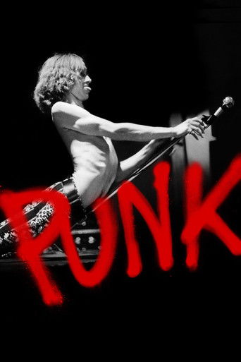 A punk musician plays a guitar in a black-and-white photo, with the word "PUNK" in bold red letters overlaid. The image conveys a raw, energetic, and rebellious mood.
