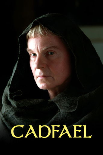 The poster features a dimly lit portrait of a woman in a dark hooded cloak, her expression somber and contemplative. The title "CADFAEL" is prominently displayed in bold, golden letters at the bottom, evoking a sense of mystery and historical drama.
