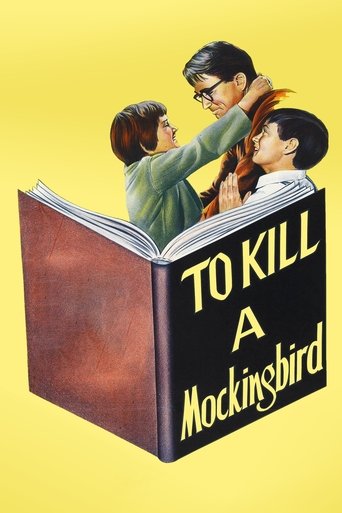 This vintage movie poster depicts a dramatic scene with three characters—two women and a man—engaged in a tense confrontation. The warm yellow background contrasts with the dark, rich tones of the book and the characters' clothing, creating a somber yet hopeful atmosphere. The title "To Kill a Mo...