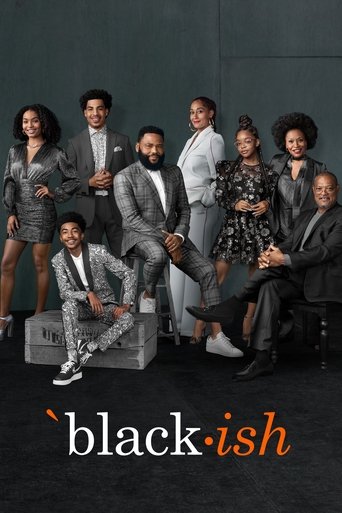 The poster features a diverse group of actors in sharp suits against a dark backdrop, exuding confidence and professionalism. The warm orange text of "black-ish" contrasts with the cool tones of the suits and skin tones, creating a visually striking image that captures the essence of the show's g...