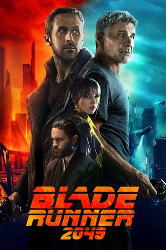 The poster features three characters against a dramatic backdrop of fiery orange and cool blue tones, evoking a sense of mystery and tension. The title "Blade Runner 2049" is prominently displayed in bold, metallic lettering, hinting at the film's sci-fi themes and high-stakes action.