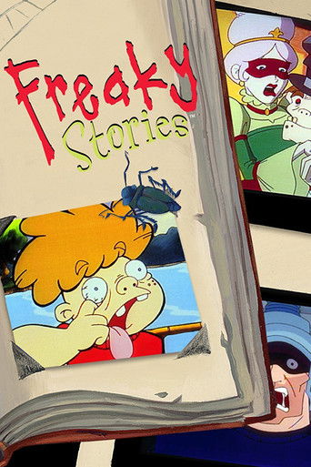 The poster features a vibrant scene with a woman with orange hair and a man with blue hair, both smiling warmly. The background is a cheerful blue, and the title "Freaky Stories" is written in playful red letters. The overall mood is lighthearted and inviting, capturing the essence of the show's ...