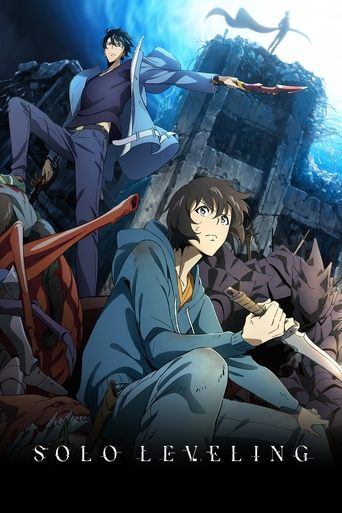This poster features a dramatic scene with a young protagonist in a blue hoodie, holding a sword, standing amidst a dark, mysterious landscape. The background includes a mysterious figure in purple robes and a flying creature, suggesting an action-packed adventure. The cool blue tones and shadowy...