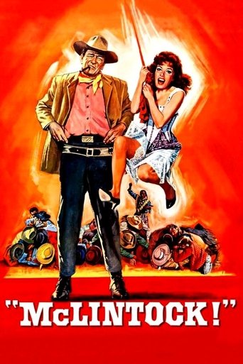 The poster features a cowboy and woman in a dramatic pose against a fiery red background, with a dramatic explosion behind them. The title "McLintock!" is prominently displayed in bold white letters at the bottom.