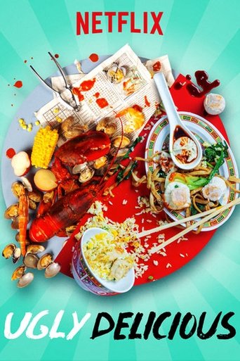 The poster features a vibrant, chaotic feast of colorful food items like roasted meats, vegetables, and seafood, all arranged on a bright red plate. The Netflix logo sits at the top, while the title "Ugly Delicious" appears at the bottom in bold, playful lettering. The overall mood is lively and ...