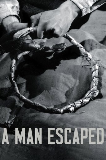 A black-and-white film poster featuring a close-up of hands weaving a rope, evoking themes of struggle and survival. The gritty, textured background suggests a gritty, realistic aesthetic. The title "A MAN ESCAPED" is prominently displayed at the bottom, hinting at a dramatic narrative.