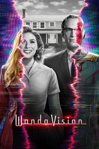 The poster features a glamorous woman and a man in a dramatic, high-contrast setting. Vibrant pink and purple energy swirls around them, creating a sense of mystery and intrigue. The title "WandaVision" is elegantly written in a stylized font at the bottom, suggesting a blend of magic and suspense.