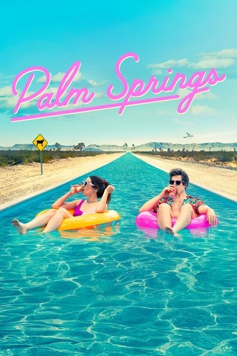 A vibrant summer scene captures two couples relaxing in a long, turquoise pool at Palm Springs. The sunny sky and golden sands evoke a carefree, idyllic mood, while the bright pink title adds a playful touch to this dreamy coastal getaway.