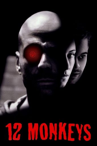 The poster features a shadowy, menacing figure with a glowing red eye against a dark background, evoking a sense of mystery and danger. The title "12 MONKEYS" in bold red letters at the bottom reinforces the film's theme of intrigue and suspense.